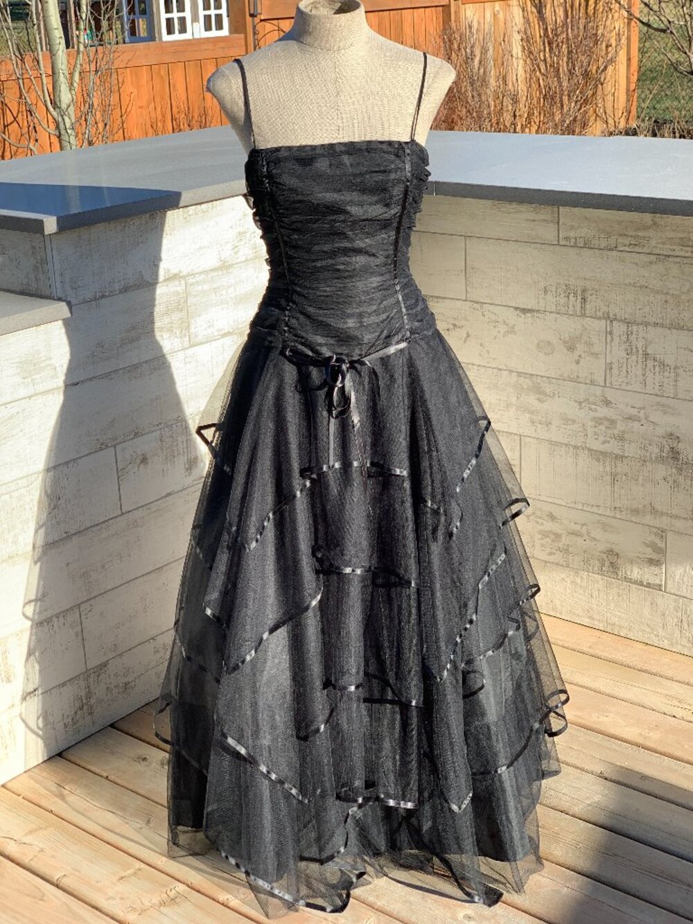 Vintage Corset Tiered Gown Black Sheer Ruffle Organza Maxi Prom Bridesmaid Dress